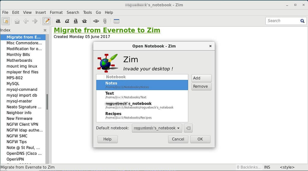zim add new notebook dialogue